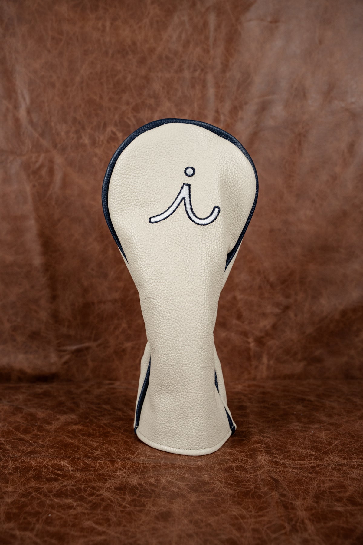 Navy suede driver cover stitched for Lakeside Golf Club in red