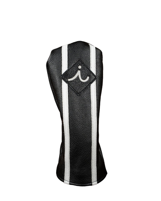 iliac Tuxedo driver headcover in pitch black leather with white stripes and embroidered i