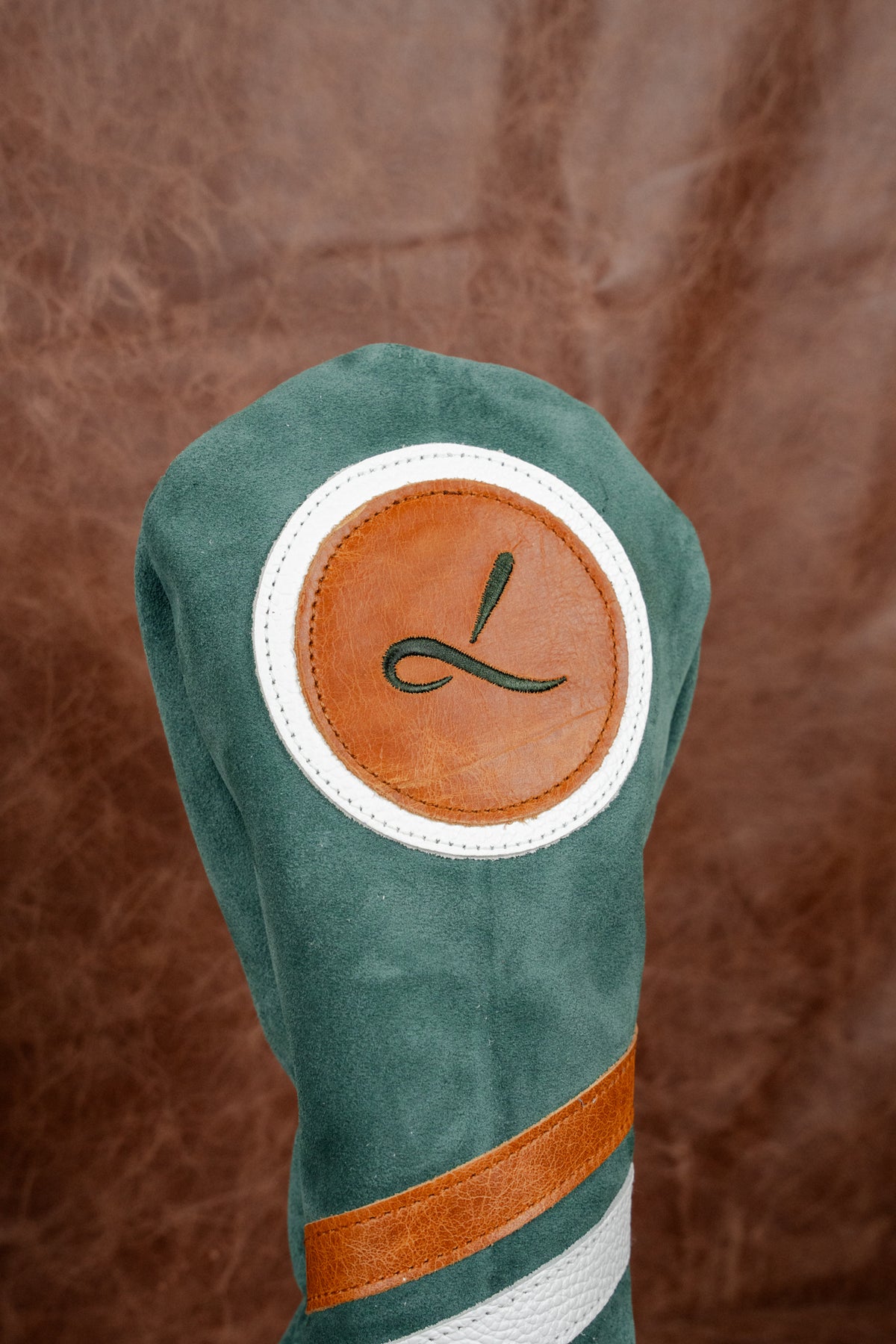 Lora Loma handmade leather headcover in Italian green suede, Italian leather caramel and Italian leather white accents