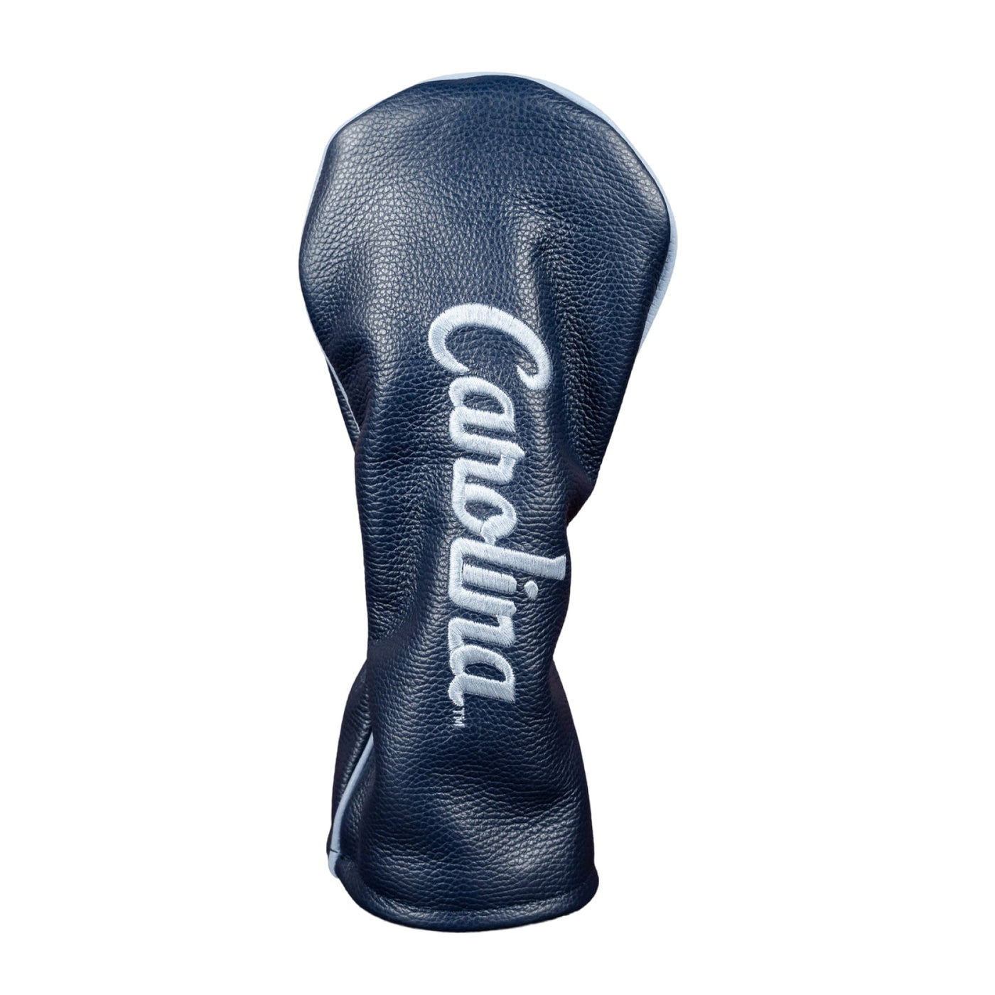 UNC Carolina navy full-grain leather driver headcover with Carolina blue piping and white script