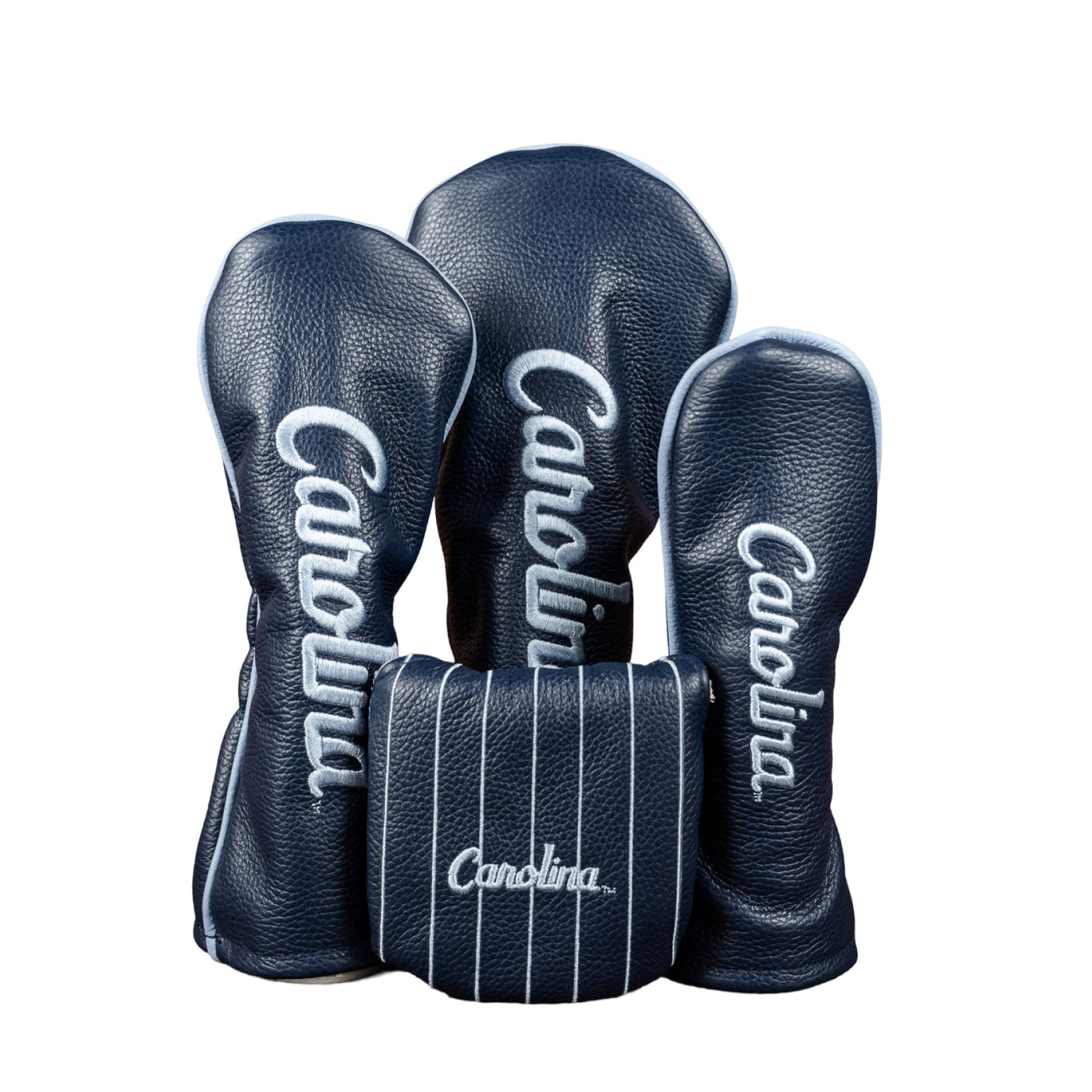 UNC Carolina navy leather headcover set including driver, fairway wood, and hybrid covers