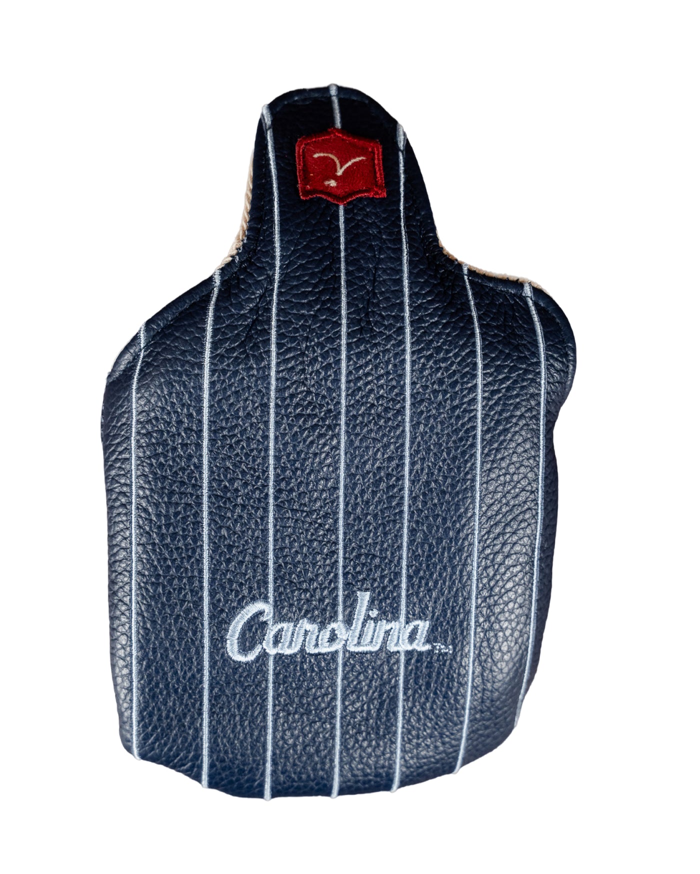 UNC Carolina navy pinstripe leather mallet putter cover with script and iliac shield