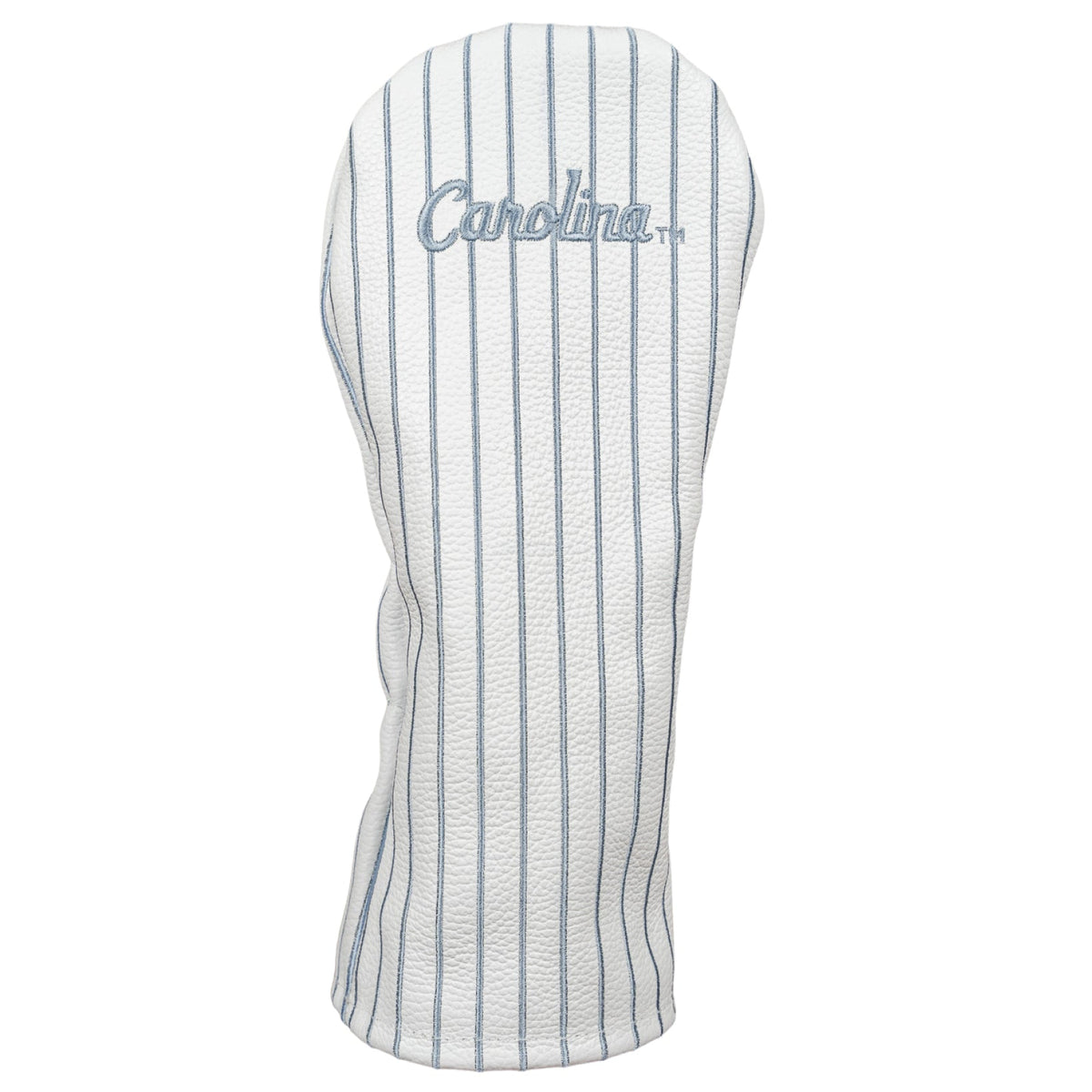 UNC Carolina white pinstripe full-grain leather driver headcover with Carolina blue stripes and script