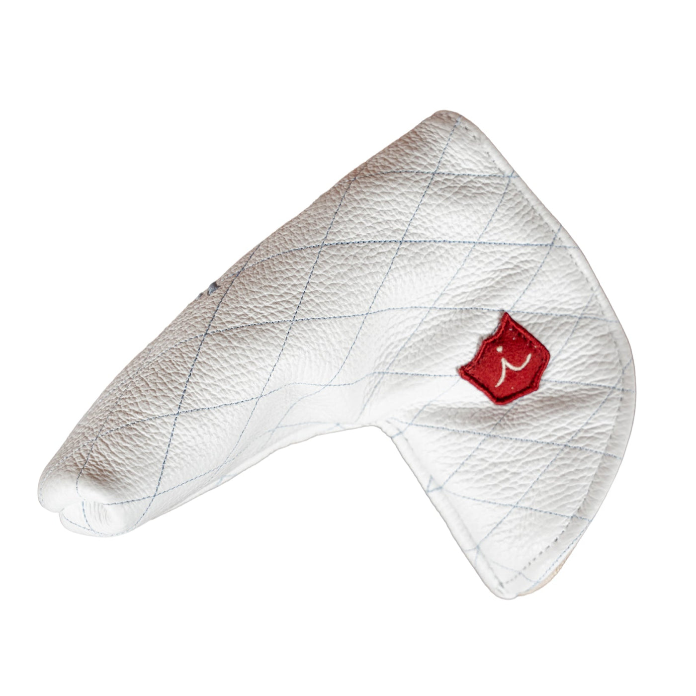 A white textured leather golf putter cover with a subtle blue grid pattern and a small red embroidered logo patch on the side, shown against a plain white background.