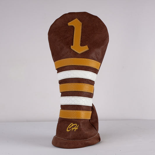 Driver Headcover: Tobacco Brown + Gold + White Boa